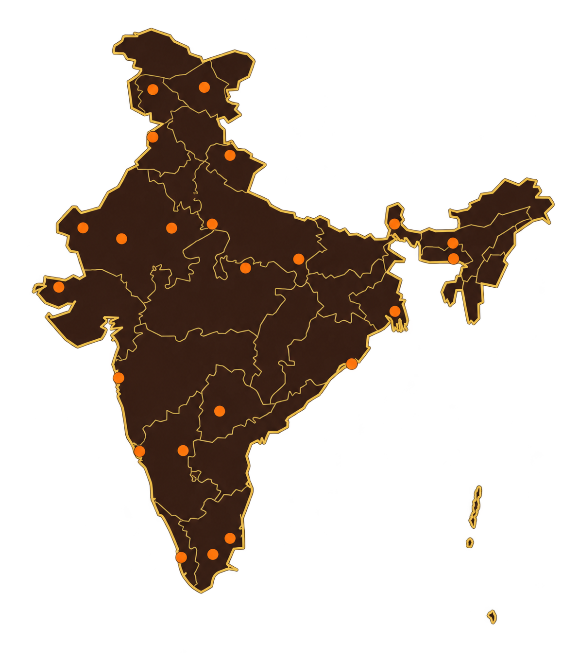 India map with state boundaries and orange destination markers