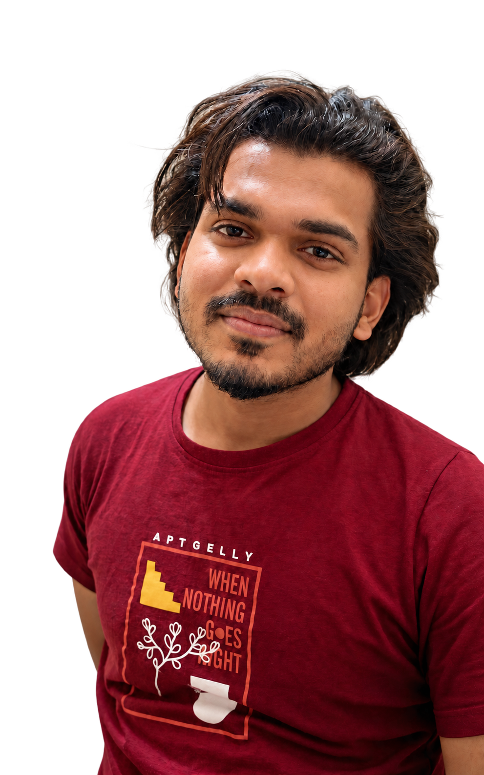 Portrait of Rupan Pahari wearing a burgundy graphic tee