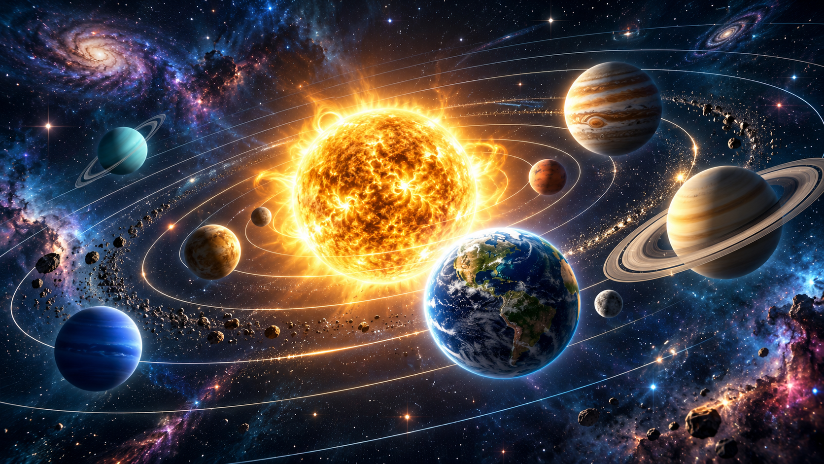 Solar System atlas showing the Sun, planets, orbital paths and surrounding star field